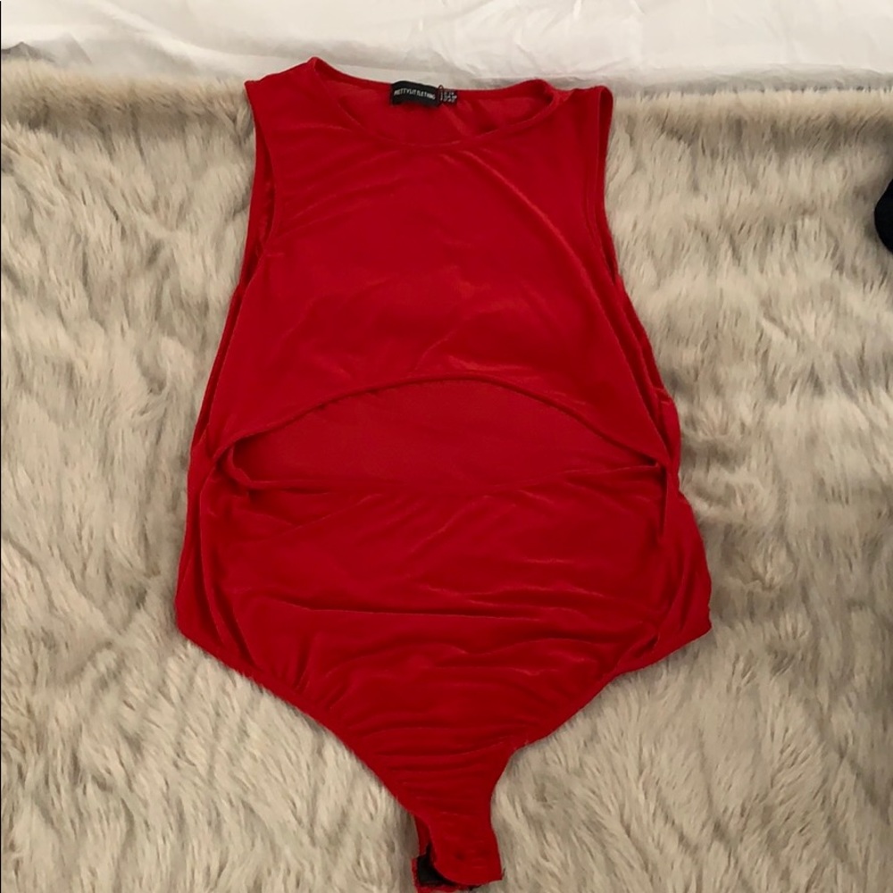 Red slinky under boob cut out body suit